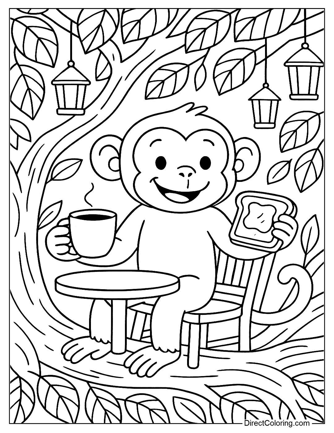 Monkey Eating Toast and Drinking Coffee Free Coloring